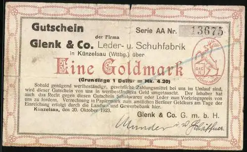 Notgeld Künzelsau 1923, 1 Goldmark, Glenk & Co. Leder- und Schuhfabrik Gutschein Serie AA