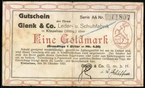 Notgeld Künzelsau 1923, Eine Goldmark, Gutschein der Firma Glenk & Co Leder- u. Schuhfabrik, Serie AA Nr. 11807