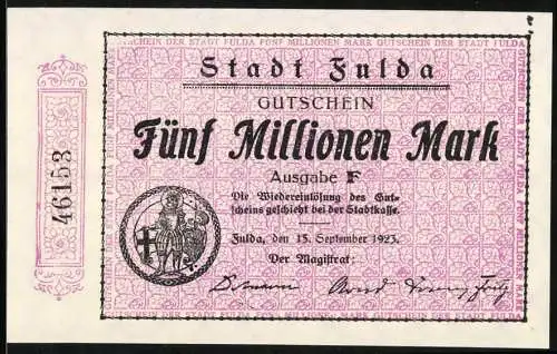 Notgeld Fulda 1923, 5 Millionen Mark, Gutschein der Stadt Fulda in lila mit Wappen und Seriendruck