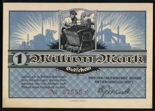 Notgeld Borna, 1923, 1 Million Mark, Braunkohlenwerke Borna Aktiegesellschaft, Bergarbeiter mit Grubenwagen