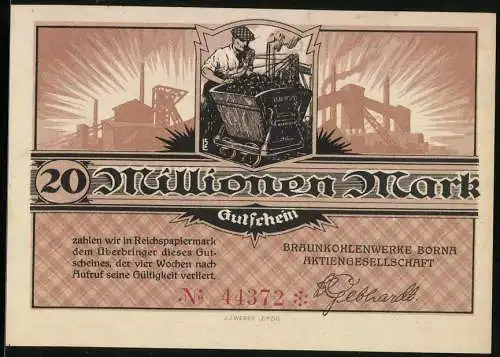 Notgeld Borna, 20 Millionen Mark, Braunkohlenwerke Borna, Lichtdruck von J.J. Weber Leipzig, Nr. 44372, Bergmann