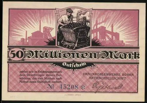 Notgeld Borna, 1923, 50 Millionen Mark, Braunkohlenwerke Borna, Bergmann mit Kohlenwagen