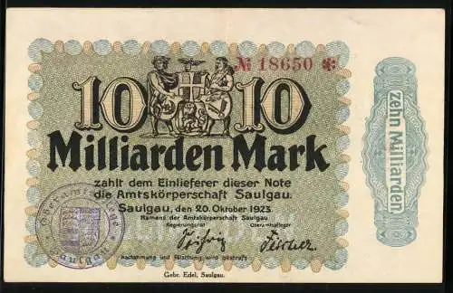 Notgeld Saulgau 1923, 10 Milliarden Mark, Amtskörperschaft Saulgau, 20. Oktober 1923, Seriennummer M 18650, Gebr. Edel