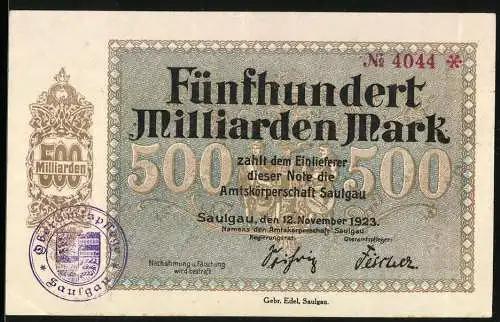 Notgeld Saulgau 1923, 500 Milliarden Mark, Seriennummer 4044, Amtskörperschaft Saulgau, Gemeinde-Stempel