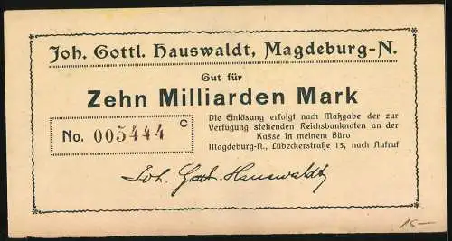 Notgeld Magdeburg-Neustadt, 1923, Zehn Milliarden Mark, Joh. Gottl. Hauswaldt, Motto: Bunt bin ich wie ein Osterei