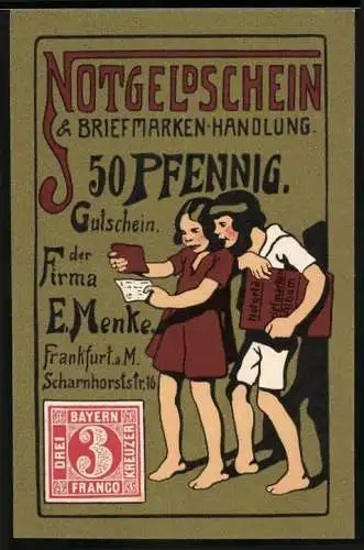 Notgeld Frankfurt am Main, 50 Pfennig, Notgeldschein & Briefmarken-Handlung E. Menke Scharnhorststrasse Nr. 16