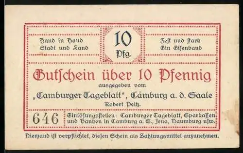 Notgeld Camburg a.d. Saale, 10 Pfennig, Gutschein über 10 Pfennig, Ausgabestelle Camburger Tageblatt, Dornburg