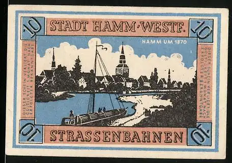 Notgeld Hamm (Westf.), 10 Pfennig, Strassenbahnen-Gutschein mit Stadtansicht und Segelboot