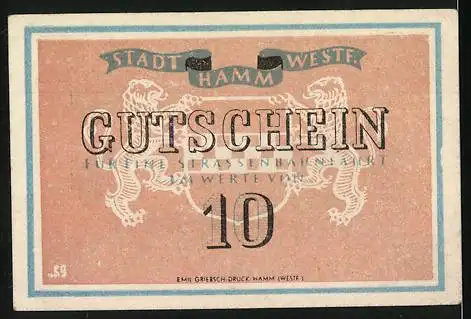 Notgeld Hamm (Westf.), 10 Pfennig, Strassenbahnen-Gutschein mit Stadtansicht und Segelboot