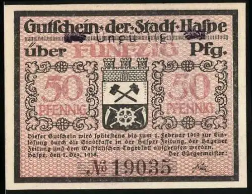 Notgeld Haspe 1918, 50 Pfennig, Vorderseite Wappen und Text, Rückseite Kaiser-Friedrich-Turm, Stempel Ungültig