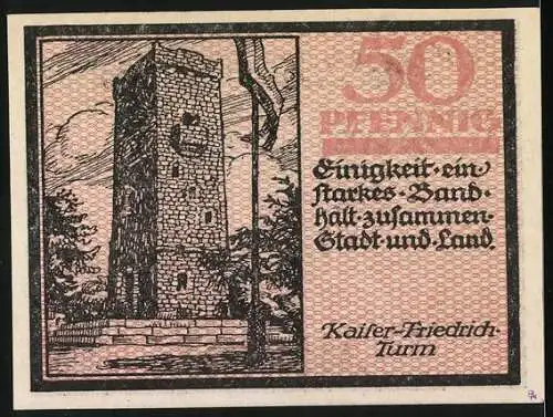 Notgeld Haspe 1918, 50 Pfennig, Vorderseite Wappen und Text, Rückseite Kaiser-Friedrich-Turm, Stempel Ungültig