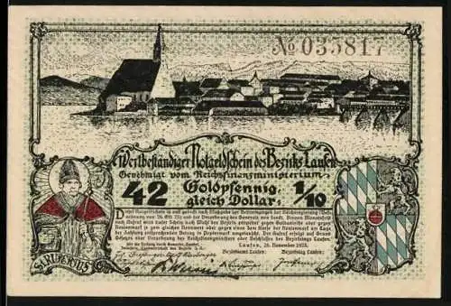 Notgeld Laufen, 1923, 42 Goldpfennig = 1 /10 Dollar, Kirche und Wappen, grüne ornamentale Rückseite