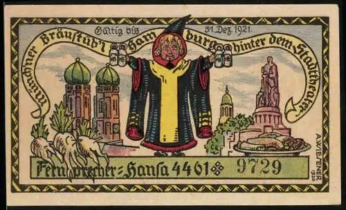 Notgeld Hamburg 1921, 50 Pfennig, Münchner Braustüberl hinter dem Stadttheater von Oscar Sohm, Münchner Kindl