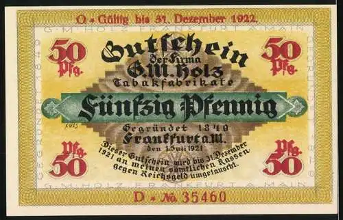 Notgeld Frankfurt am Main 1922, 50 Pfennig, Tabakfabrikate G.M. Holz mit Wolfsmotiv und Gültigkeit bis 31. Dezember 1922