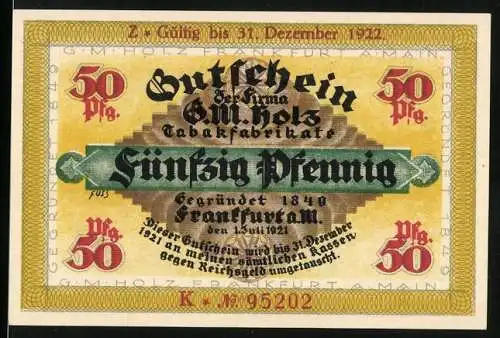 Notgeld Frankfurt 1921, 50 Pfennig, Gutschein der Firma G. M. Holz Tabakfabrikate mit Illustration des Golem