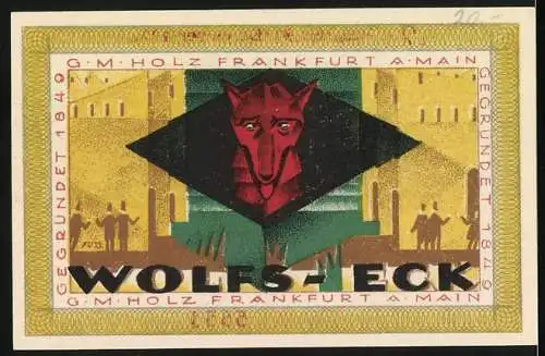 Notgeld Frankfurt 1921, 50 Pfennig, Gutschein der Firma G.M. Holz Tabakfabrikate, Wolfs-Eck Design