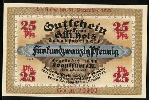 Notgeld Frankfurt 1921, 25 Pfennig, Gutschein G.M. Holz Tabakfabrikate, Golem-Motiv Rückseite