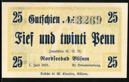 Notgeld Büsum 1921, 25 Pfennig, Gutschien Nr. 3269 Wattenläufer in Büsum, Nordseebad, Druck W. Clausen