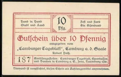 Notgeld Camburg a. d. S., 10 Pfennig, Gutschein über 10 Pfennig vom Camburger Tageblatt mit Landschaftszeichnung