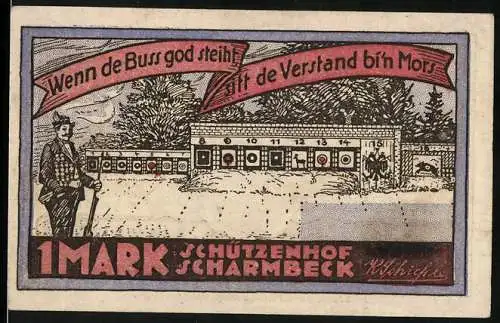 Notgeld Scharmbeck, 1922, 1 Mark, Schützenhof und Königskette von König Georg V, Schützenfest