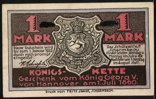 Notgeld Scharmbeck, 1922, 1 Mark, Schützenhof und Königskette von König Georg V, Schützenfest