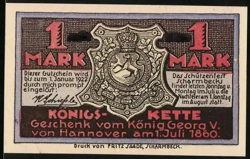 Notgeld Scharmbeck, 1922, 1 Mark, Vorderseite Wappen und Text, Rückseite Schützenhof mit Schützenkönig und Spruch