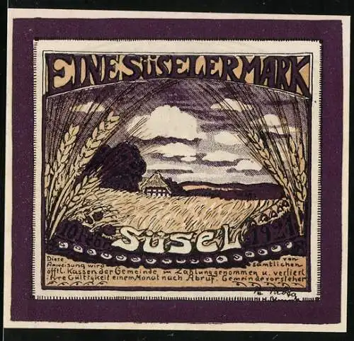 Notgeld Süsel, 1921, 1 Mark, Landschaft mit Feld und Gebäude, Rückseite Schiffe auf See und Sonnenuntergang, Serie A