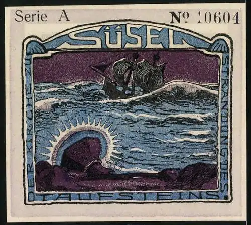 Notgeld Süsel, 1921, 1 Mark, Landschaft mit Feld und Gebäude, Rückseite Schiffe auf See und Sonnenuntergang, Serie A