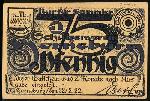 Notgeld Horneburg, 1922, 75 Pfennig, Schützenverein Horneburg, historische Illustrationen auf Vorder- und Rückseite
