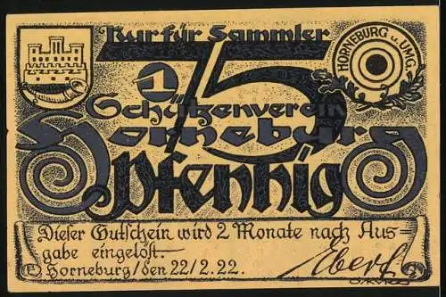 Notgeld Horneburg 1922, 75 Pfennig, Schützenverein Horneburg, Illustrationen mit Reitern und Soldaten