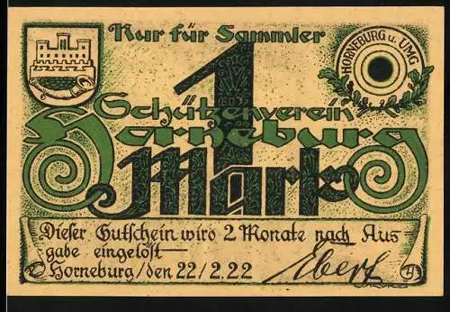 Notgeld Horneburg, 1922, 1 Mark, Schützenverein, Schützen und Schriftzug, Jäger bei Schiessübung