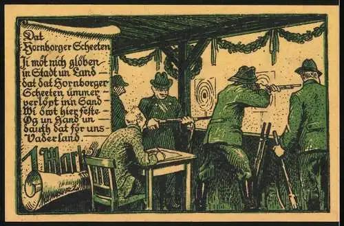 Notgeld Horneburg, 1922, 1 Mark, Schützenverein, Schützen und Schriftzug, Jäger bei Schiessübung