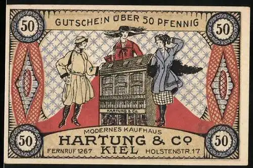 Notgeld Kiel, 1919, 50 Pfennig, Kaufhaus Hartung & Co, Holstenstr. 17, Frauenmode und Stadtansicht