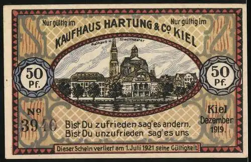 Notgeld Kiel, 1919, 50 Pfennig, Kaufhaus Hartung & Co, Holstenstr. 17, Frauenmode und Stadtansicht