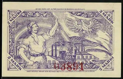 Notgeld Tichau 1921, 2 Mark, Arbeiter mit Flagge und Adler, Gedenkbon an den Aufstand in Oberschlesien