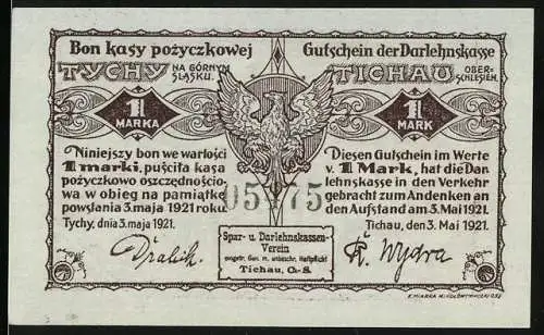 Notgeld Tychy 1921, 1 Mark, Gutschein der Darlehnskasse mit Adler und Arbeiter vor Fabrik