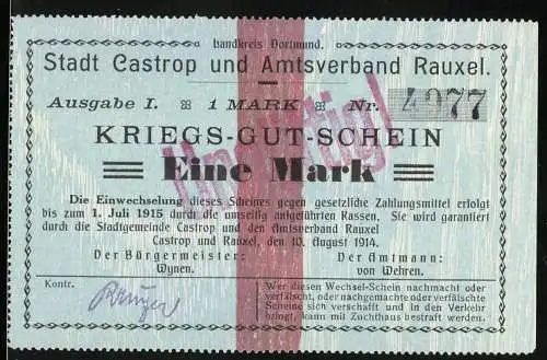 Notgeld Castrop und Rauxel, 1915 1 Mark, Kriegsgutschein der Stadt Castrop und Amtsverband Rauxel, Stempel Ungültig