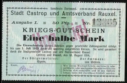 Notgeld Castrop und Rauxel 1915, 50 Pfennig, Kriegsgutschein Eine halbe Mark, gültig bis 1. Juli 1915, Stempel Ungültig