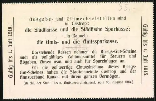 Notgeld Castrop und Rauxel 1915, 50 Pfennig, Kriegsgutschein Eine halbe Mark, gültig bis 1. Juli 1915, Stempel Ungültig