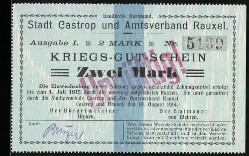 Notgeld Castrop-Rauxel 1915, 2 Mark, Kriegs-Gutschein der Stadt Castrop und Amtsverband Rauxel, Stempel Ungültig