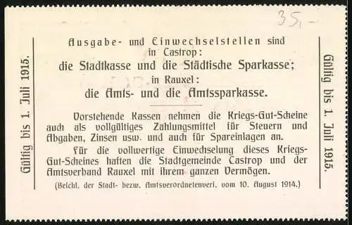 Notgeld Castrop-Rauxel 1915, 2 Mark, Kriegs-Gutschein der Stadt Castrop und Amtsverband Rauxel, Stempel Ungültig