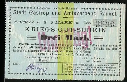 Notgeld Castrop und Rauxel 1915, 3 Mark, Kriegs-Gut-Schein Drei Mark, gültig bis 1. Juli 1915, Stempel Ungültig