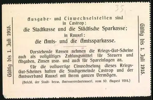 Notgeld Castrop und Rauxel 1915, 3 Mark, Kriegs-Gut-Schein Drei Mark, gültig bis 1. Juli 1915, Stempel Ungültig