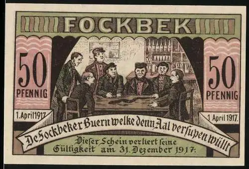 Notgeld Fockbek 1917, 50 Pfennig, Darstellung von Bauern in einer Kneipe mit Aal auf dem Tisch