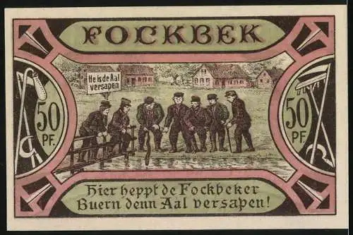 Notgeld Fockbek 1917, 50 Pfennig, Darstellung von Bauern in einer Kneipe mit Aal auf dem Tisch