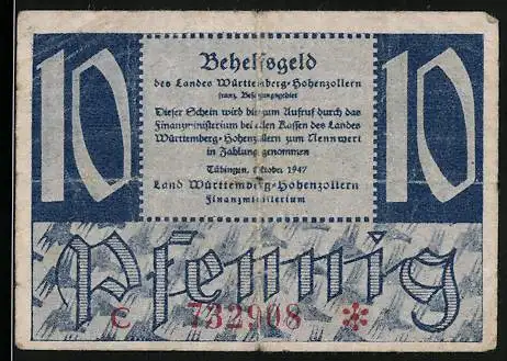 Notgeld Tübingen 1947, 10 Pfennig, Land Württemberg-Hohenzollern, Abbildung von Burg und Wertangaben in Ecken