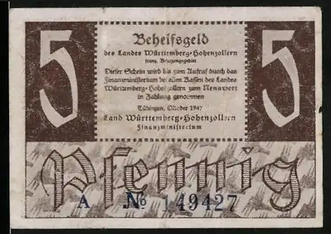 Notgeld Tübingen 1921, 5 Pfennig, Land Württemberg-Hohenzollern, Burgansicht und Text in Braun und Beige