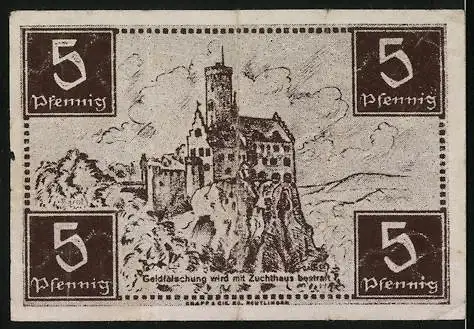 Notgeld Tübingen 1921, 5 Pfennig, Land Württemberg-Hohenzollern, Burgansicht und Text in Braun und Beige