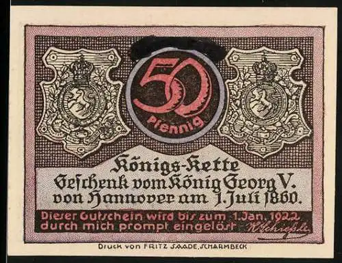 Notgeld Scharmbeck, 1922, 50 Pfennig, Schützenhof, Geschenk vom König Georg V. von Hannover am 1. Juli 1860