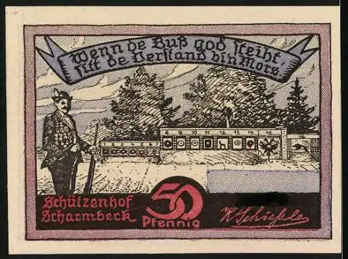 Notgeld Scharmbeck, 1922, 50 Pfennig, Schützenhof, Geschenk vom König Georg V. von Hannover am 1. Juli 1860